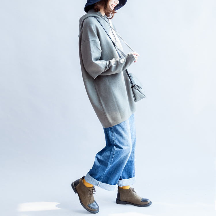 Gray Green Hooded Woolen Blended Outwear Oversize Print Knit Coats