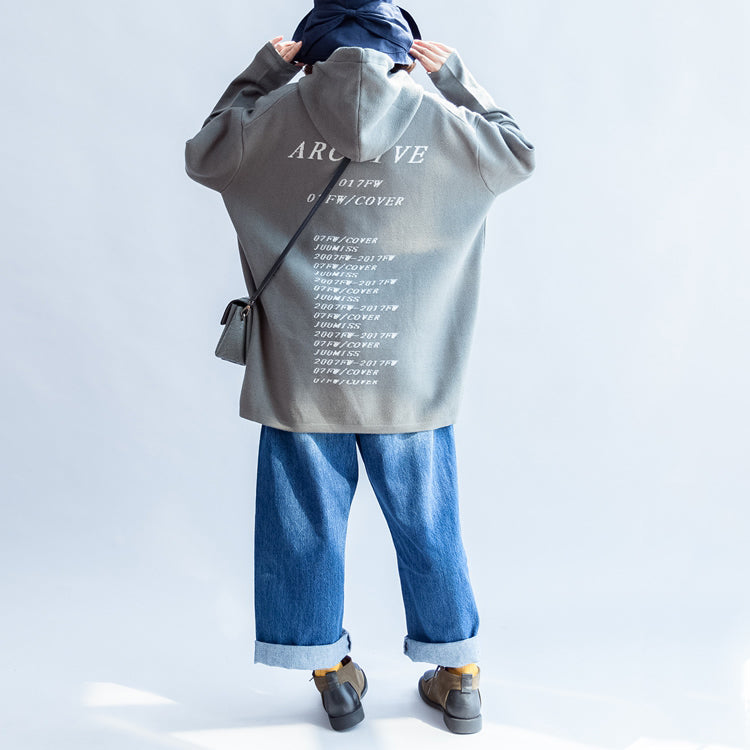 Gray Green Hooded Woolen Blended Outwear Oversize Print Knit Coats
