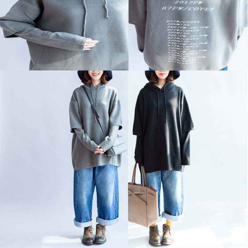 Gray Green Hooded Woolen Blended Outwear Oversize Print Knit Coats