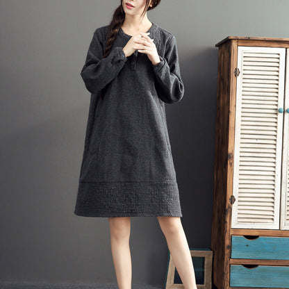 Gray Warm Cotton Linen Dresses Long Sleeve Mid Dress