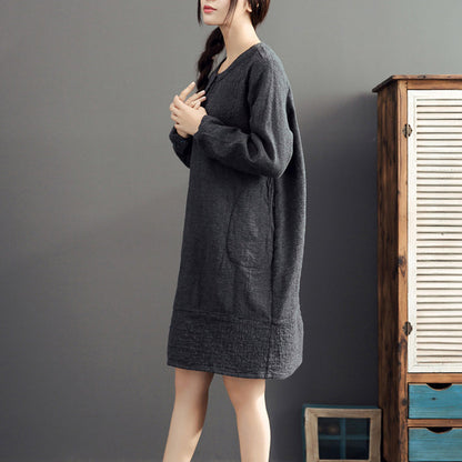 Gray Warm Cotton Linen Dresses Long Sleeve Mid Dress