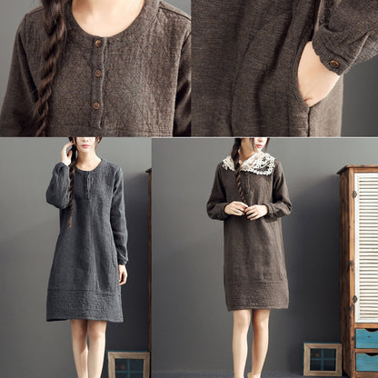 Gray Warm Cotton Linen Dresses Long Sleeve Mid Dress