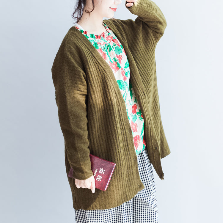 Green Striped Knit Blouse Long Sleeve Sweaters Cardigans Warm Fall
