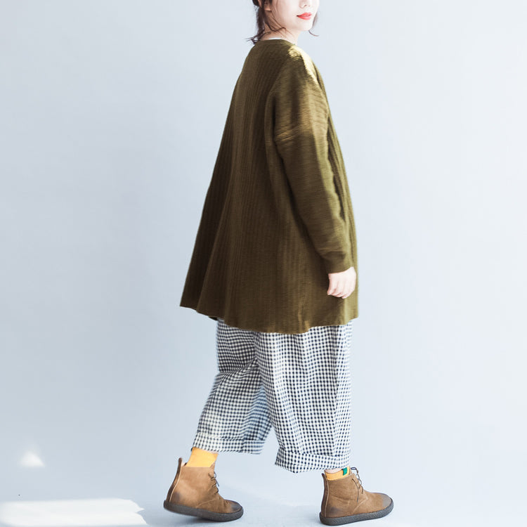 Green Striped Knit Blouse Long Sleeve Sweaters Cardigans Warm Fall