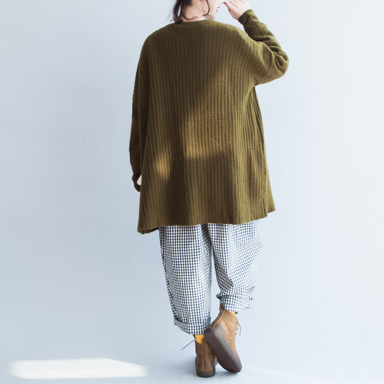 Green Striped Knit Blouse Long Sleeve Sweaters Cardigans Warm Fall