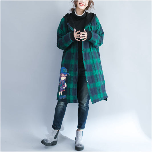 Green Grid Cartoon Prints Cotton Coats Oversize Hooded Warm Long Sleeve Long Outwear