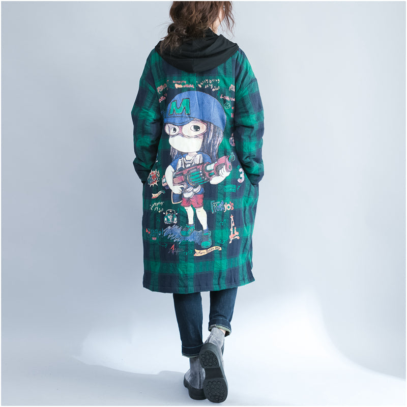 Green Grid Cartoon Prints Cotton Coats Oversize Hooded Warm Long Sleeve Long Outwear