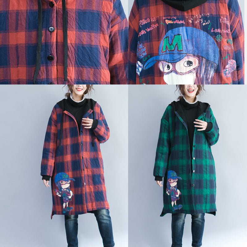 Green Grid Cartoon Prints Cotton Coats Oversize Hooded Warm Long Sleeve Long Outwear