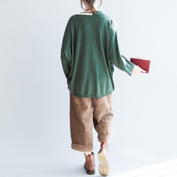 Green Patchwork Color Cotton Knit Tops Oversize Batwing Sleeve Sweater