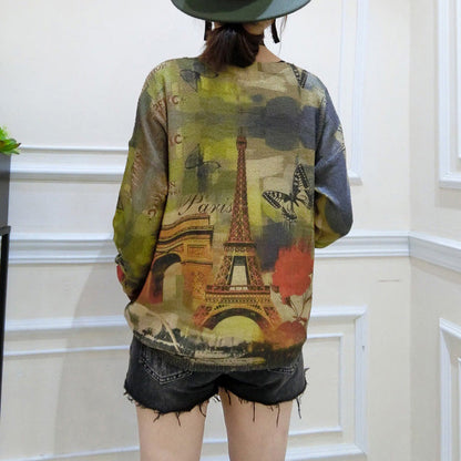 Green Prints Cotton Sweater Tops Oversize O Neck Unique Knit Pullover