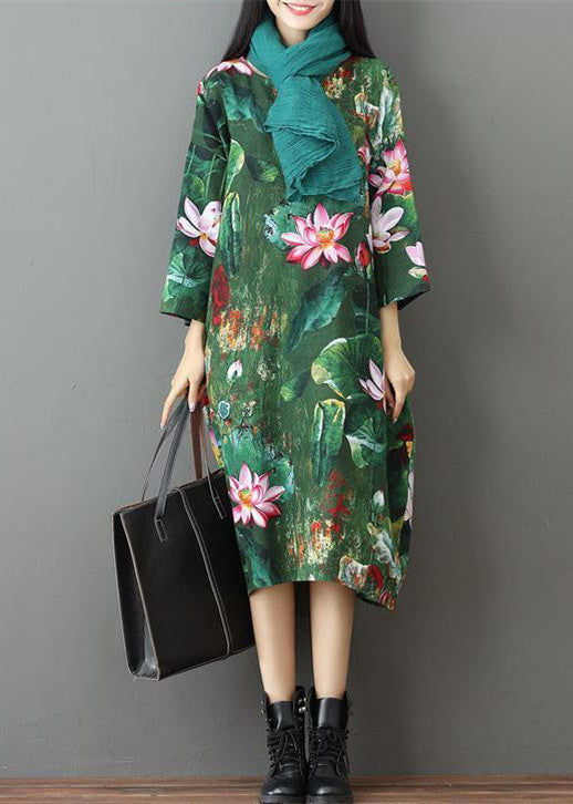 Green Prints Linen Maxi Dress Traveling Dress Bracelet Sleeve Gown