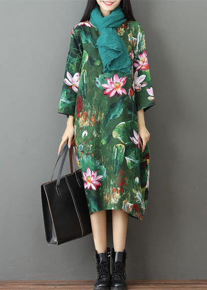 Green Prints Linen Maxi Dress Traveling Dress Bracelet Sleeve Gown