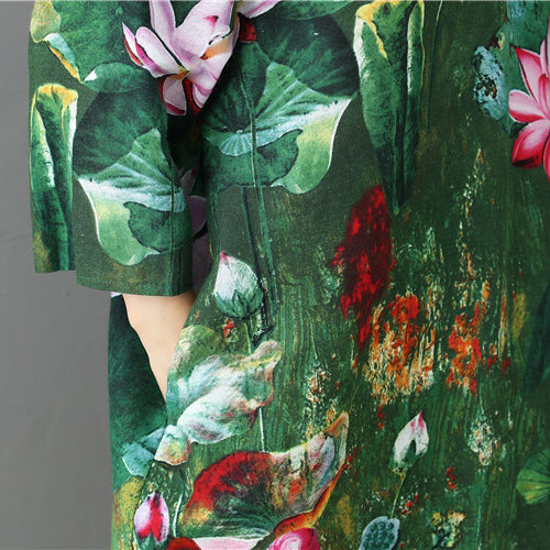 Green Prints Linen Maxi Dress Traveling Dress Bracelet Sleeve Gown