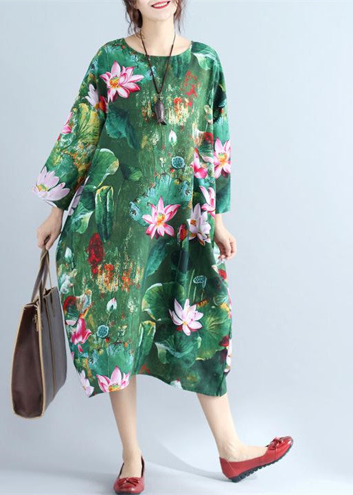Green Prints Linen Shift Dresses Loose Fitting Holiday Wild Long Sleeve Linen Clothing Dresses