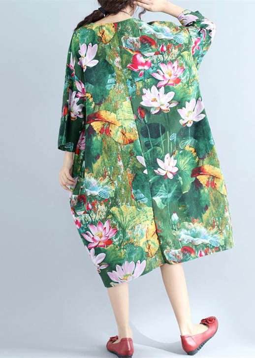 Green Prints Linen Shift Dresses Loose Fitting Holiday Wild Long Sleeve Linen Clothing Dresses