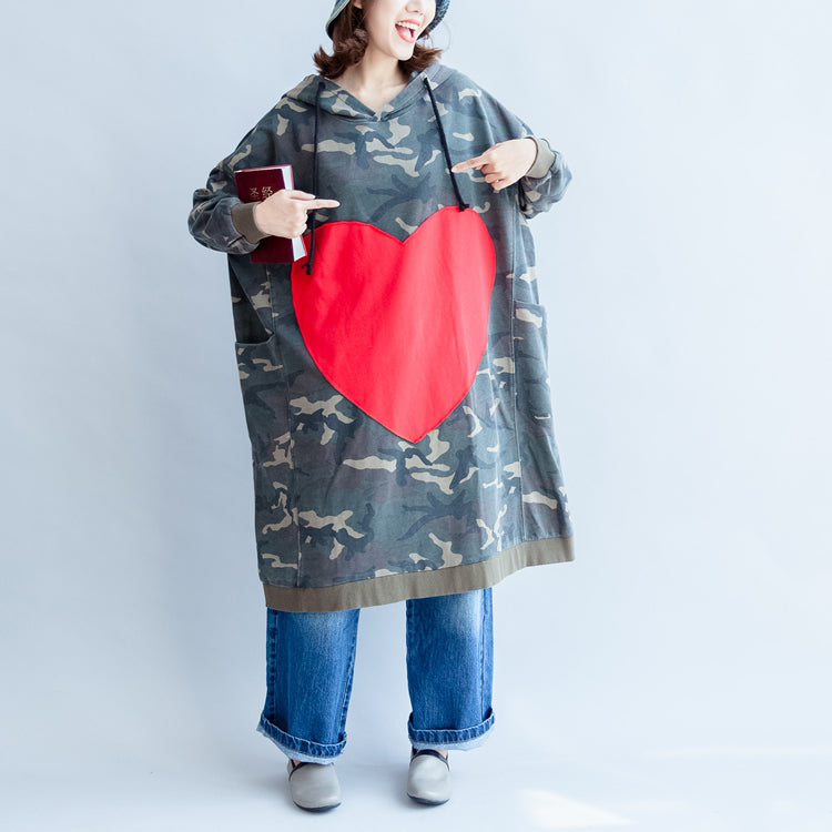 Green Ruffles Autumn Cotton Dresses Big Loving Heart Hooded Prints Mid Long Dress