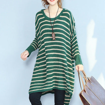 Green Striped Autumn Winter Woolen Blended Knit Dresses Baggy Loose Batwing Sleeve Sweater Dress
