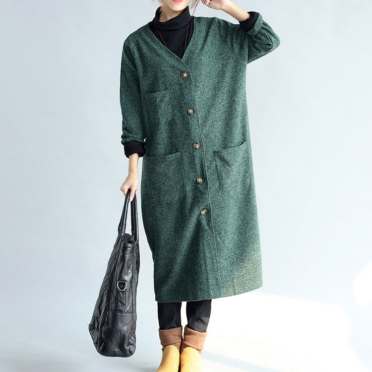 Green Long Parka Coat V Neck Woolen Trench Long Cardigans