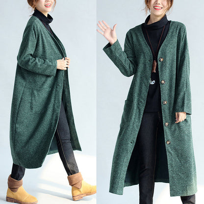 Green Long Parka Coat V Neck Woolen Trench Long Cardigans