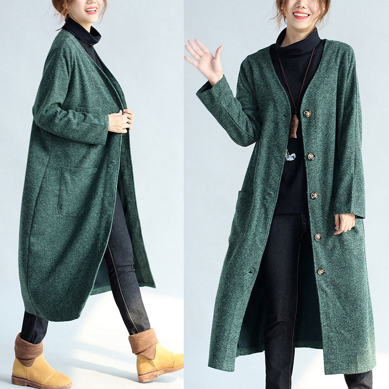 Green Long Parka Coat V Neck Woolen Trench Long Cardigans
