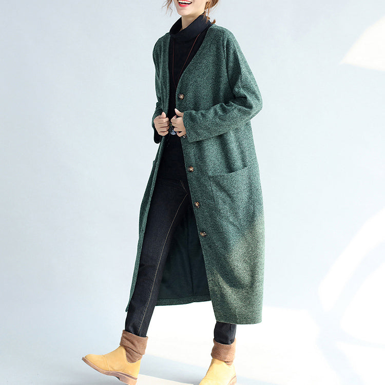 Green Long Parka Coat V Neck Woolen Trench Long Cardigans