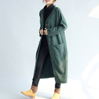 Green Long Parka Coat V Neck Woolen Trench Long Cardigans