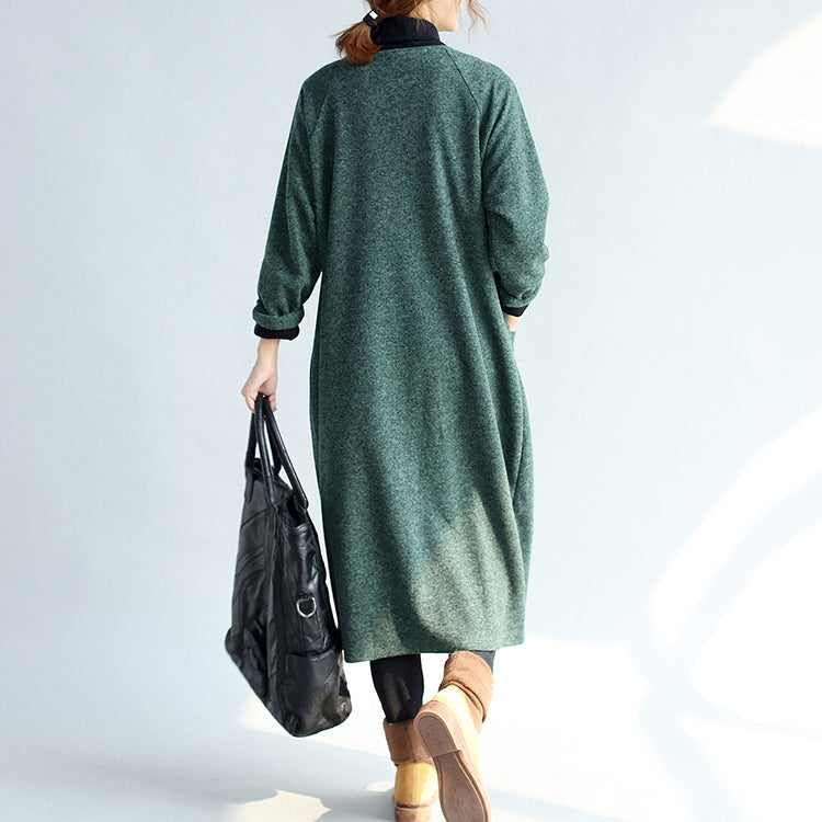 Green Long Parka Coat V Neck Woolen Trench Long Cardigans