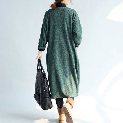 Green Long Parka Coat V Neck Woolen Trench Long Cardigans
