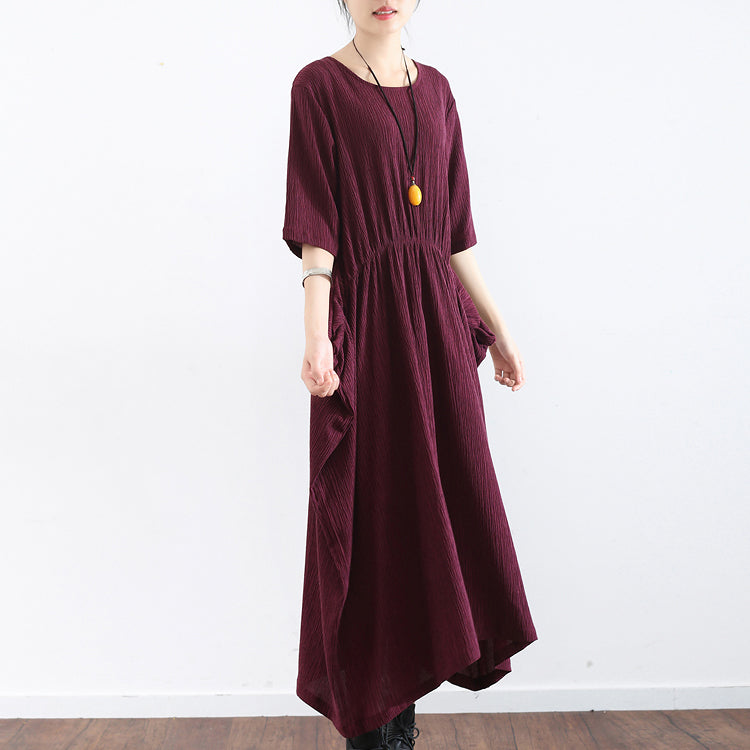 Half Sleeve Burgundy Baggy Dress Pleated Silk Dresses Long Silk Maxi Dress Tunic Gown