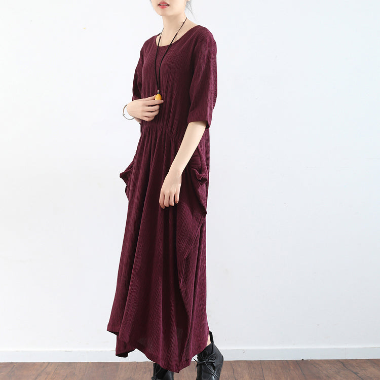Half Sleeve Burgundy Baggy Dress Pleated Silk Dresses Long Silk Maxi Dress Tunic Gown