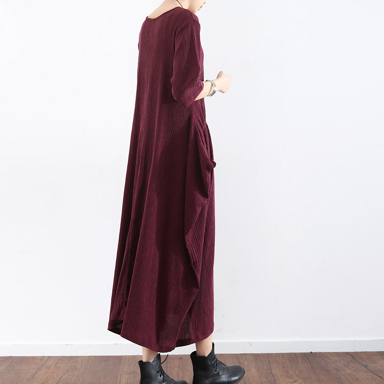 Half Sleeve Burgundy Baggy Dress Pleated Silk Dresses Long Silk Maxi Dress Tunic Gown