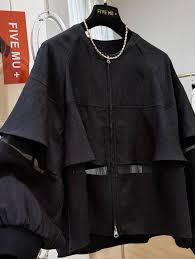 Black Stand Collar Patchwork Linen Shirt Tops Batwing Sleeve