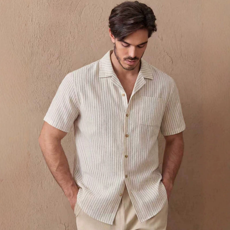 Khaki Striped Pockets Cotton Shirts Peter Pan Collar
