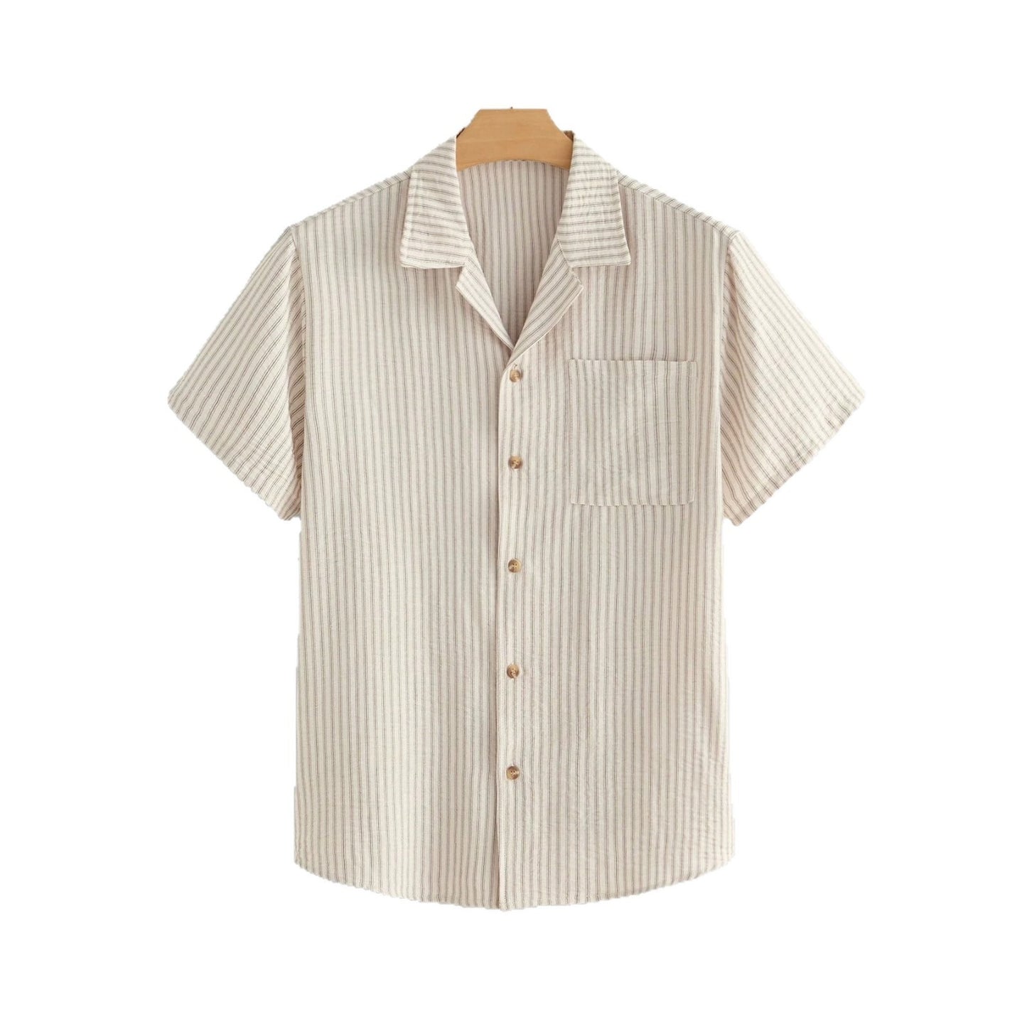 Khaki Striped Pockets Cotton Shirts Peter Pan Collar