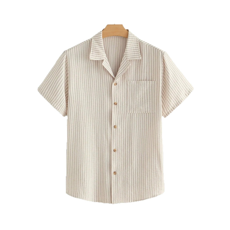 Khaki Striped Pockets Cotton Shirts Peter Pan Collar