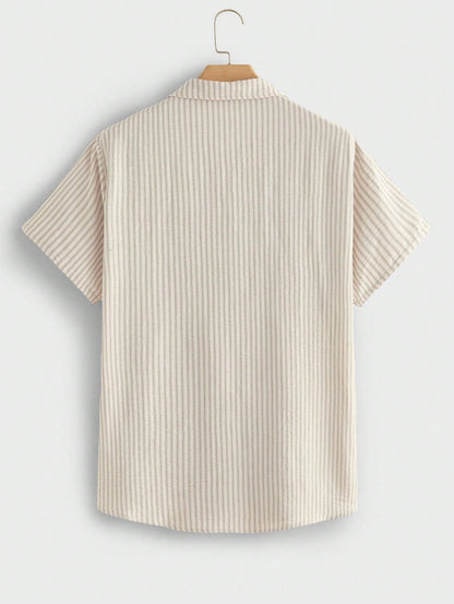 Khaki Striped Pockets Cotton Shirts Peter Pan Collar