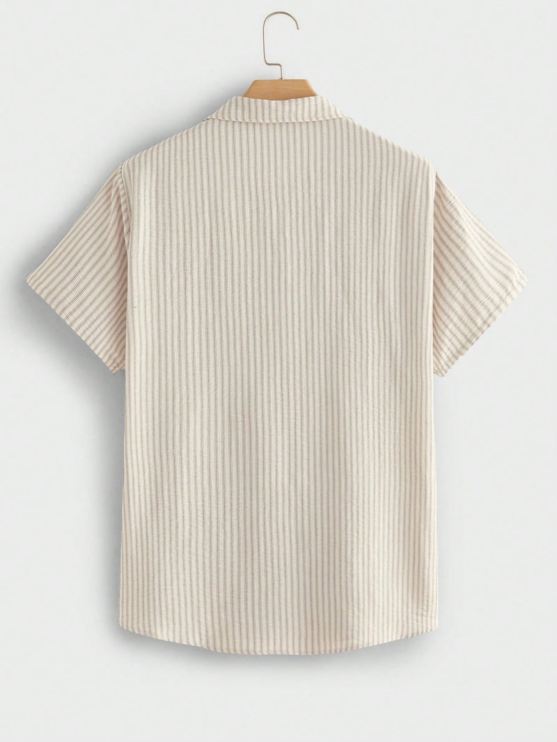 Khaki Striped Pockets Cotton Shirts Peter Pan Collar