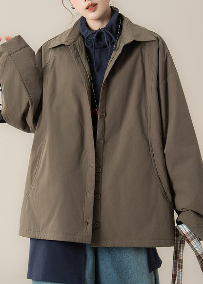 Khaki Brown Button Drawstring Cotton Filled Coats Peter Pan Collar