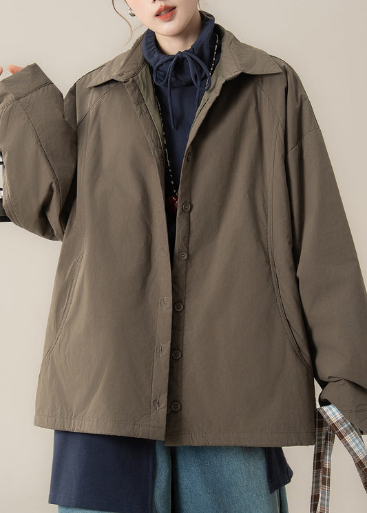Khaki Brown Button Drawstring Cotton Filled Coats Peter Pan Collar