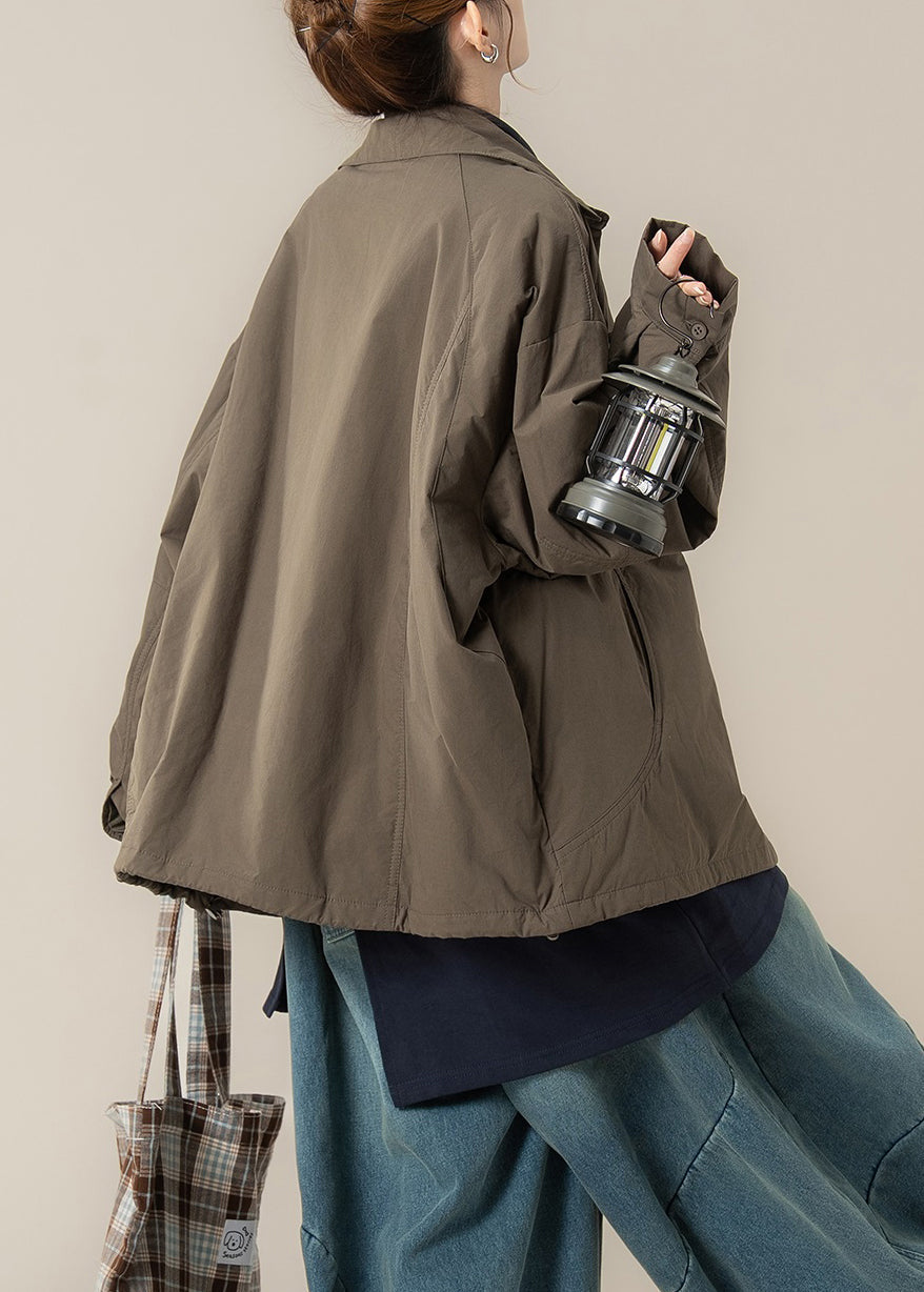 Khaki Brown Button Drawstring Cotton Filled Coats Peter Pan Collar