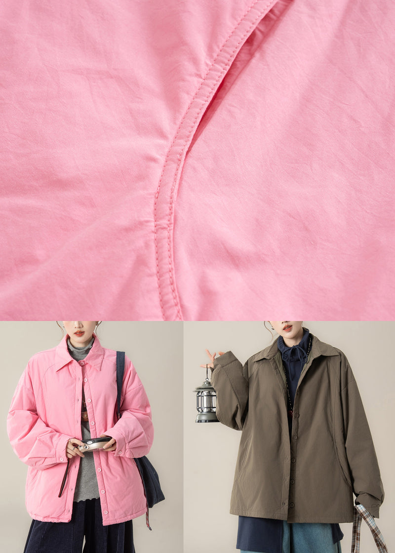 Khaki Brown Button Drawstring Cotton Filled Coats Peter Pan Collar