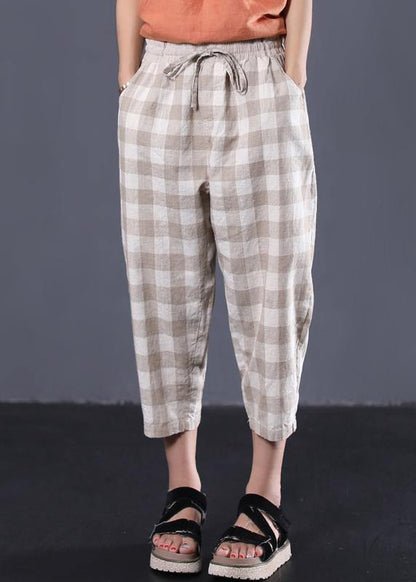 Khaki Plaid Cotton Pants Drawstring Pants