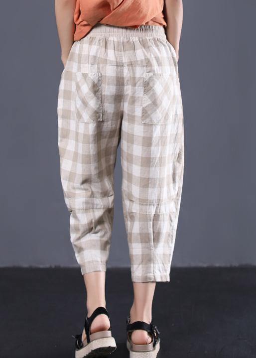 Khaki Plaid Cotton Pants Drawstring Pants