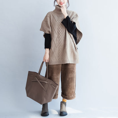 Khaki Unique Cotton Sweater High Neck Side Open Button Sleeveless Knit Tops
