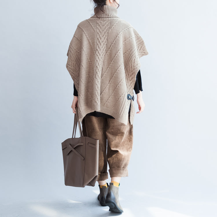 Khaki Unique Cotton Sweater High Neck Side Open Button Sleeveless Knit Tops