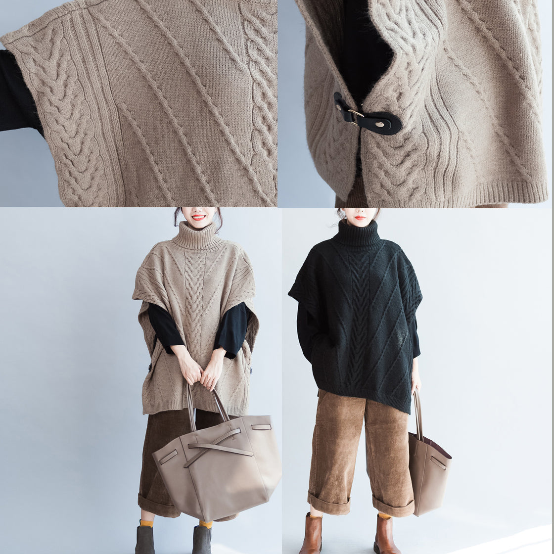 Khaki Unique Cotton Sweater High Neck Side Open Button Sleeveless Knit Tops