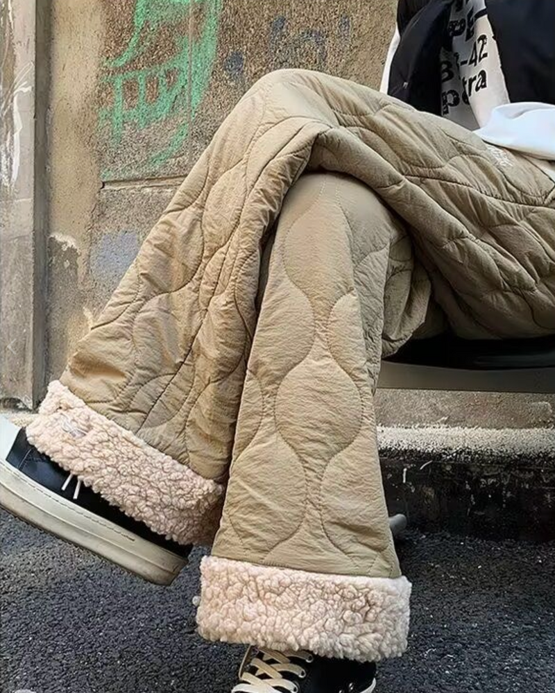 New Black Pockets Patchwork Warm Fleece Pants Winter