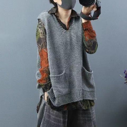 New Loose Large Size Literary Hooded Knit Waistcoat Sweater Coat