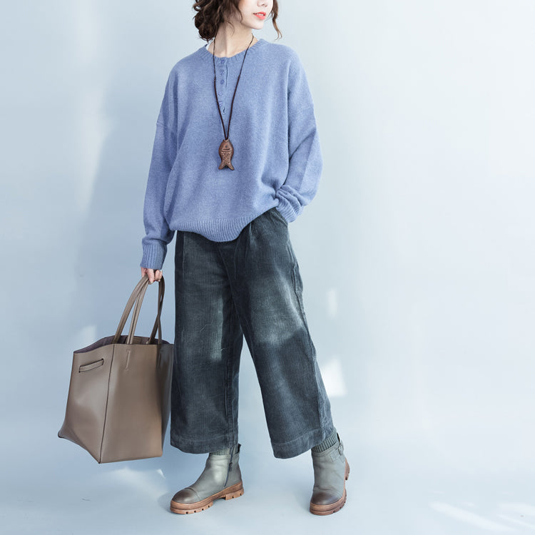 Lavender Thick Warm Woolen Knit Pullover Neck Front Button Loose Batwing Sleeve Sweater