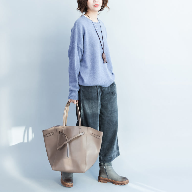 Lavender Thick Warm Woolen Knit Pullover Neck Front Button Loose Batwing Sleeve Sweater